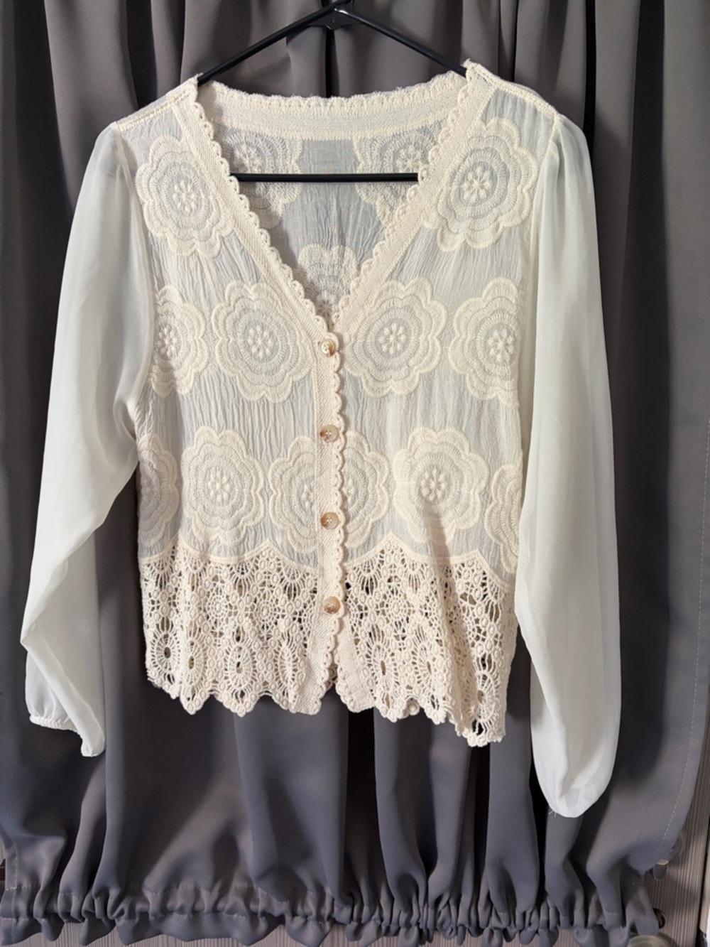 Women’s Cream Lace Crochet Button-Front Top